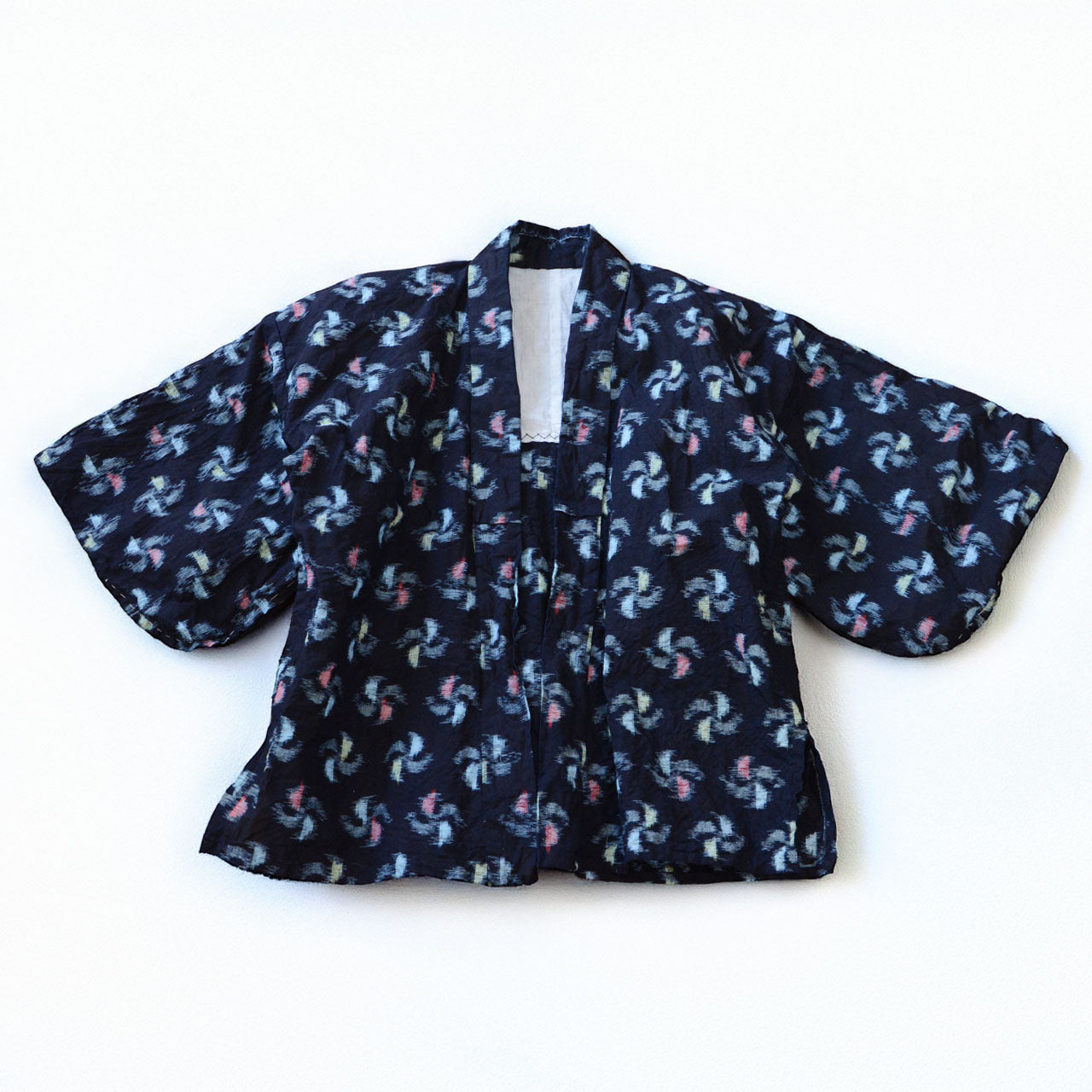 Indigo-dyed cotton noragi, kasuri weave, mid-Showa era Japan vintage