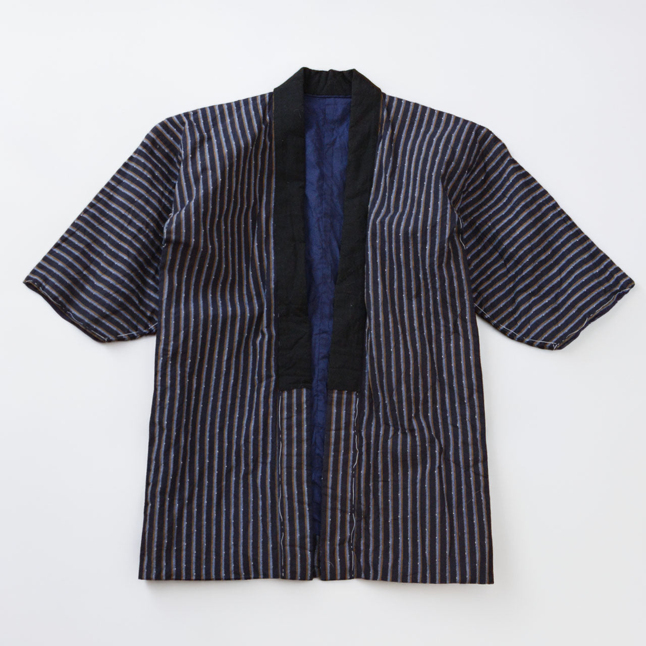 Showa-era Japanese cotton noragi, navy blue stripe, hand-stitched, discovered in Tohoku region