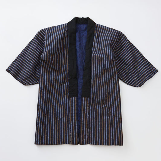 Showa-era Japanese cotton noragi, navy blue stripe, hand-stitched, discovered in Tohoku region