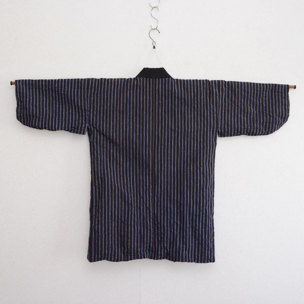 Hand-stitched cotton noragi, navy blue stripe pattern, Japan vintage slow fashion piece