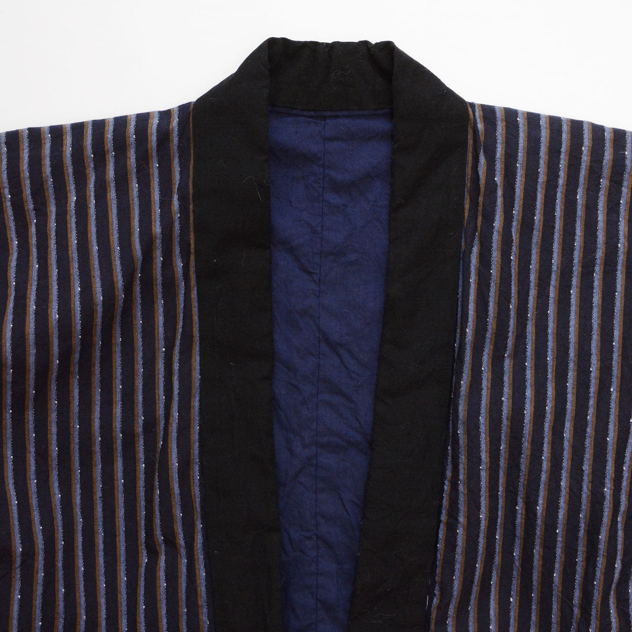 Japanese vintage noragi, navy stripe cotton, hand-stitched construction, Showa era workwear