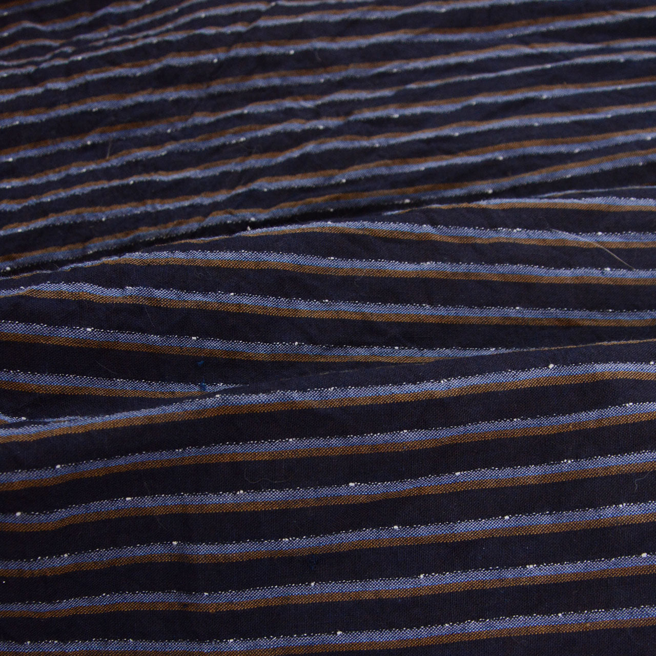 Collar area of vintage Japanese noragi, navy stripe cotton, hand-stitched, Showa period