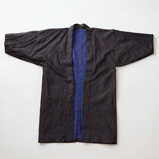 Early Showa era noragi in dark-toned stripe, blended weave, hand-stitched, Tohoku Japan vintage