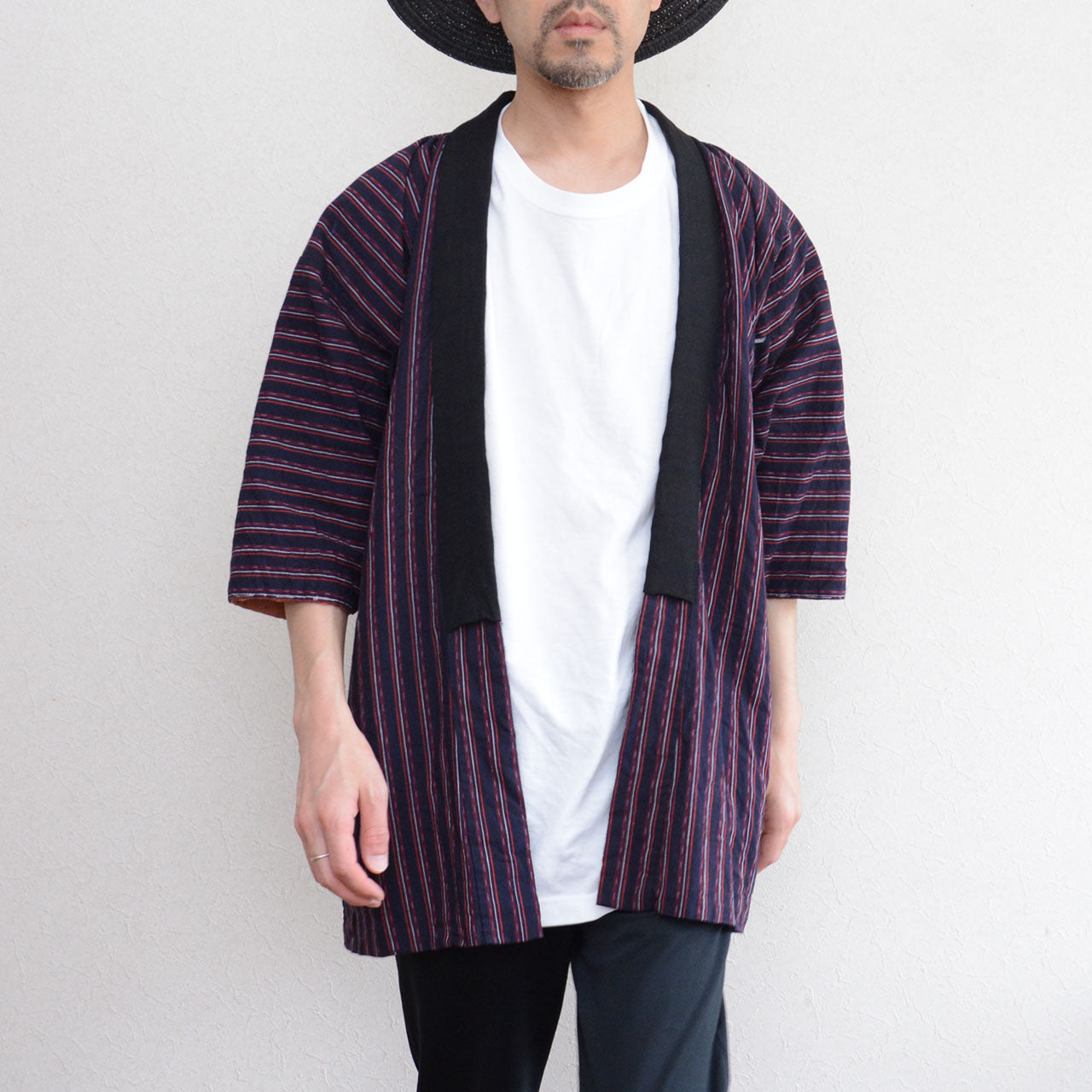 Showa era Japanese noragi, striped cotton, vintage handmade workwear fabric