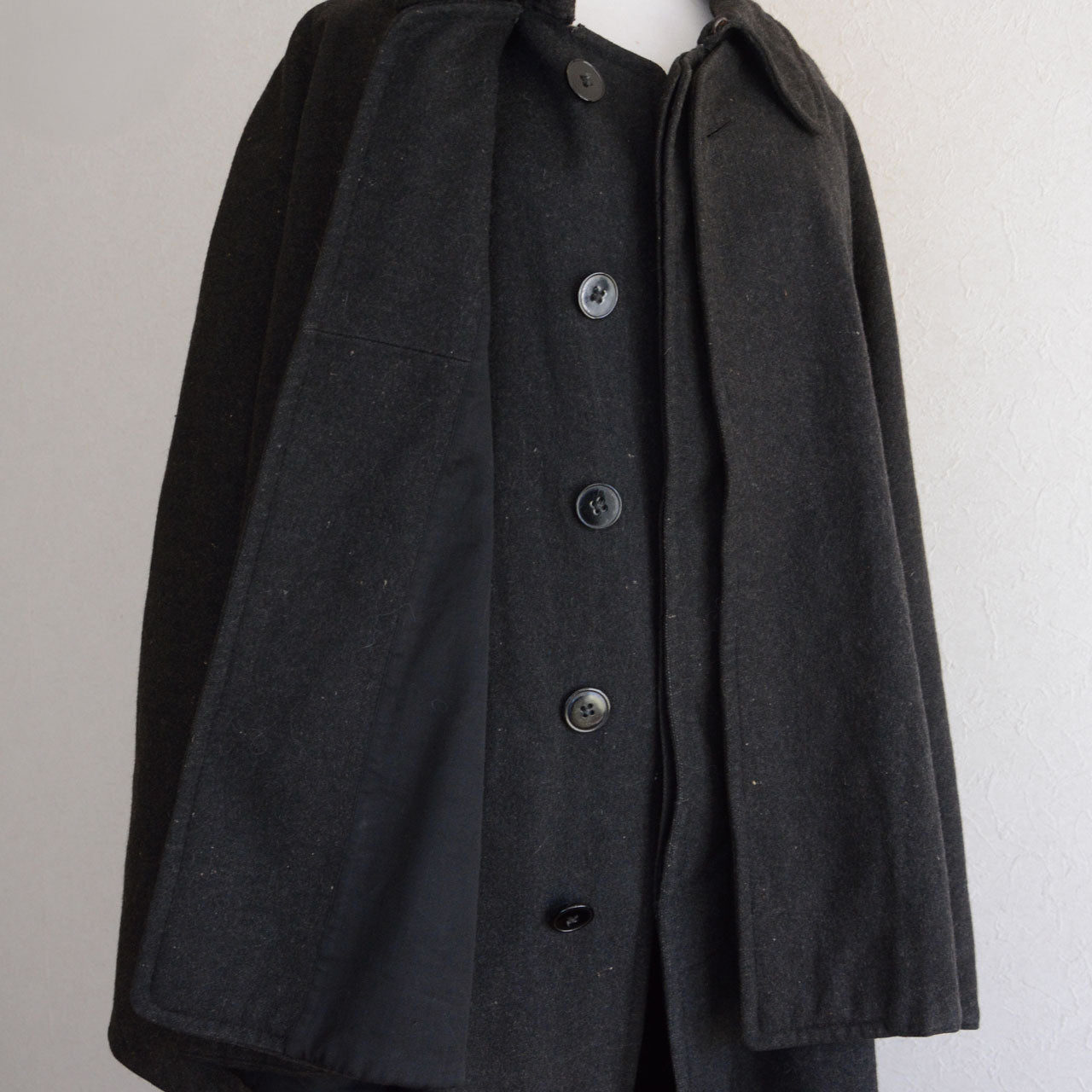 Japanese vintage outerwear, charcoal grey wool tonbi, cape overlay, early 20th century