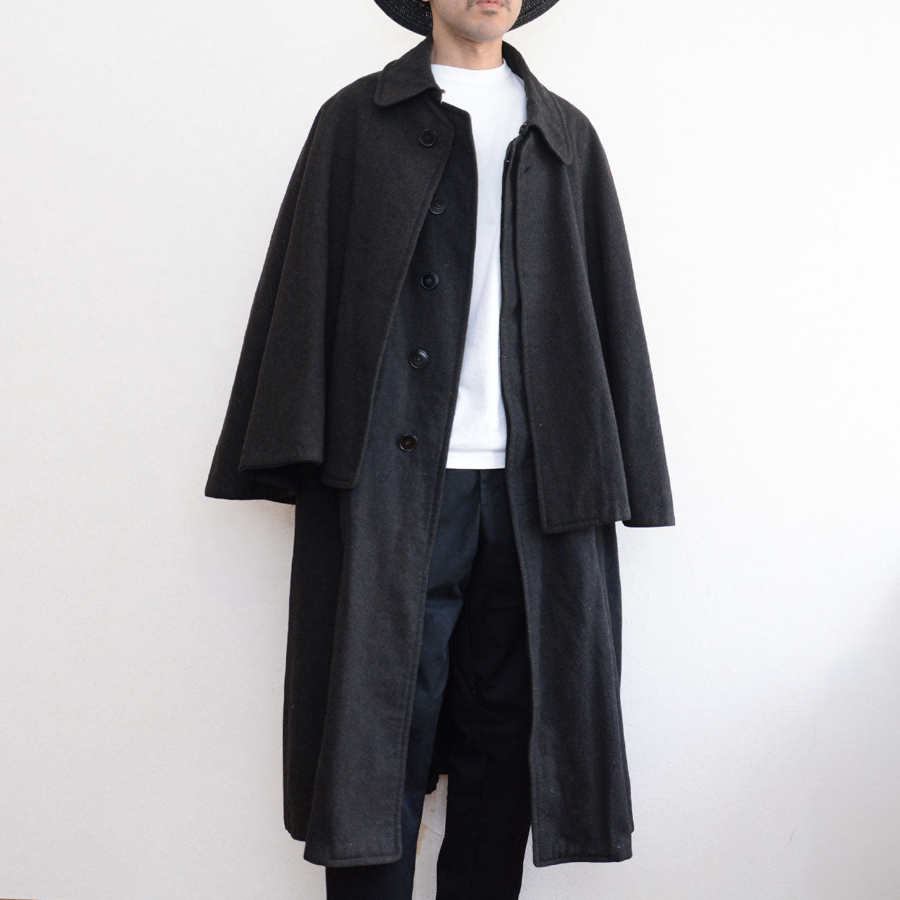 Japanese vintage inverness mantle, charcoal grey wool, double-layer cape, Showa era