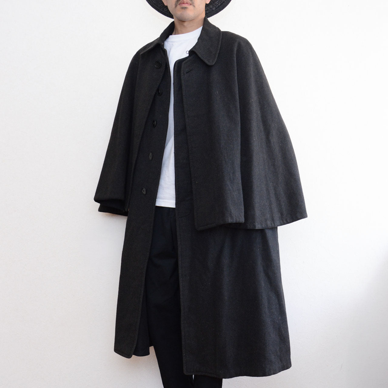 Vintage tonbi coat, charcoal grey wool, Japan, double cape, inverness, early 20th century