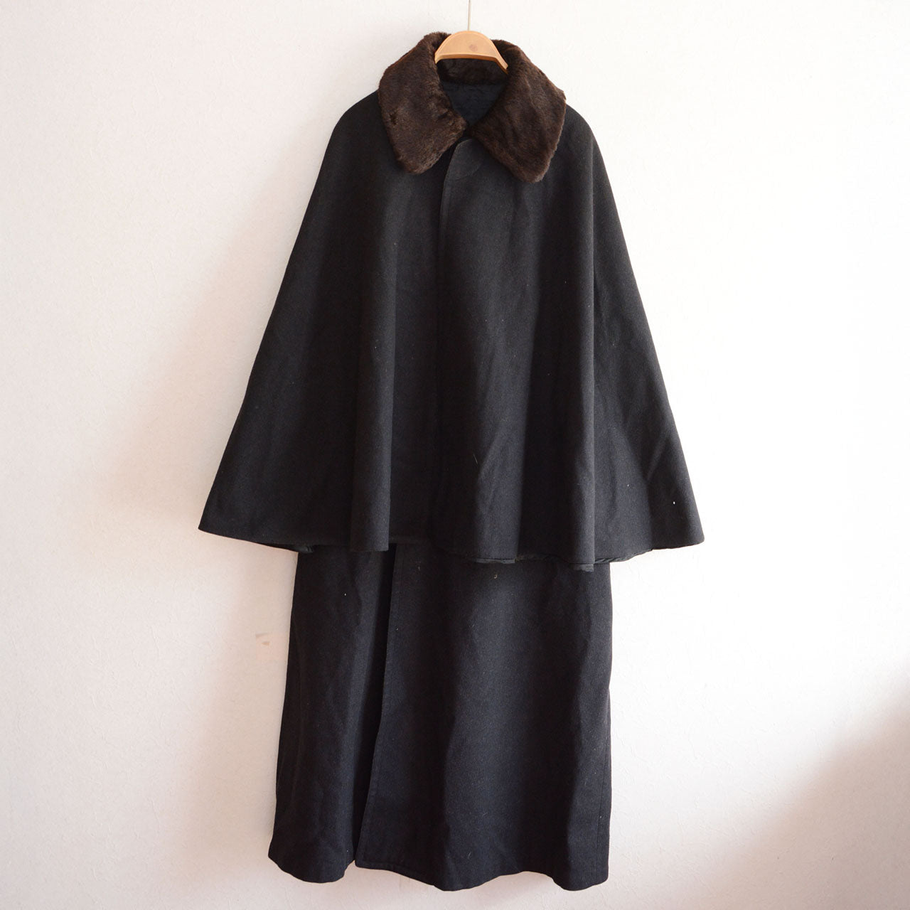 Rare Japanese vintage Inverness-style cape coat from the Taisho to early Showa era, crafted in black wool