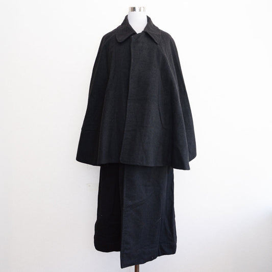 Japanese vintage tonbi mantle coat, dark charcoal wool, Taisho early Showa era, inverness-style double cape, no fur collar
