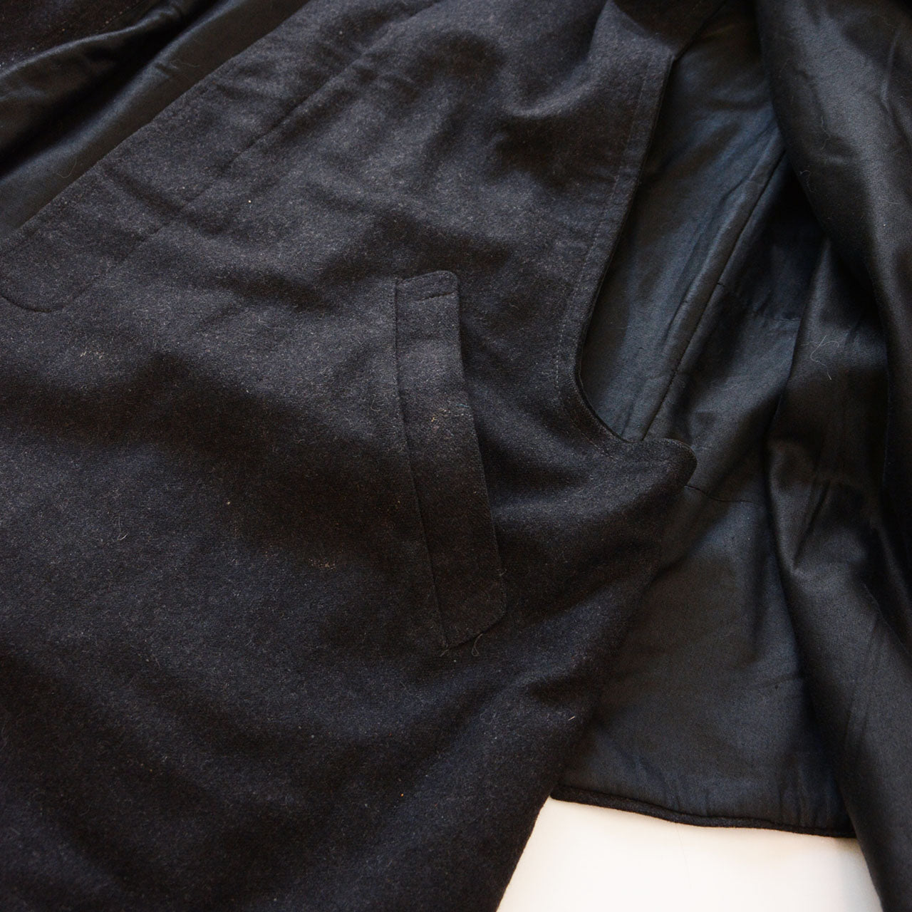 Antique Japanese tonbi mantle, dark charcoal wool, inverness-style cape, Taisho period, no collar, one of a kind