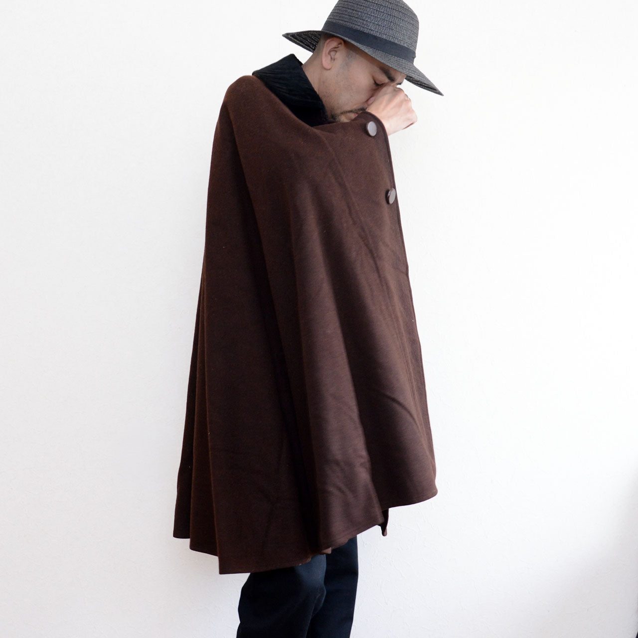 Side view of Japanese vintage brown wool mantle worn
