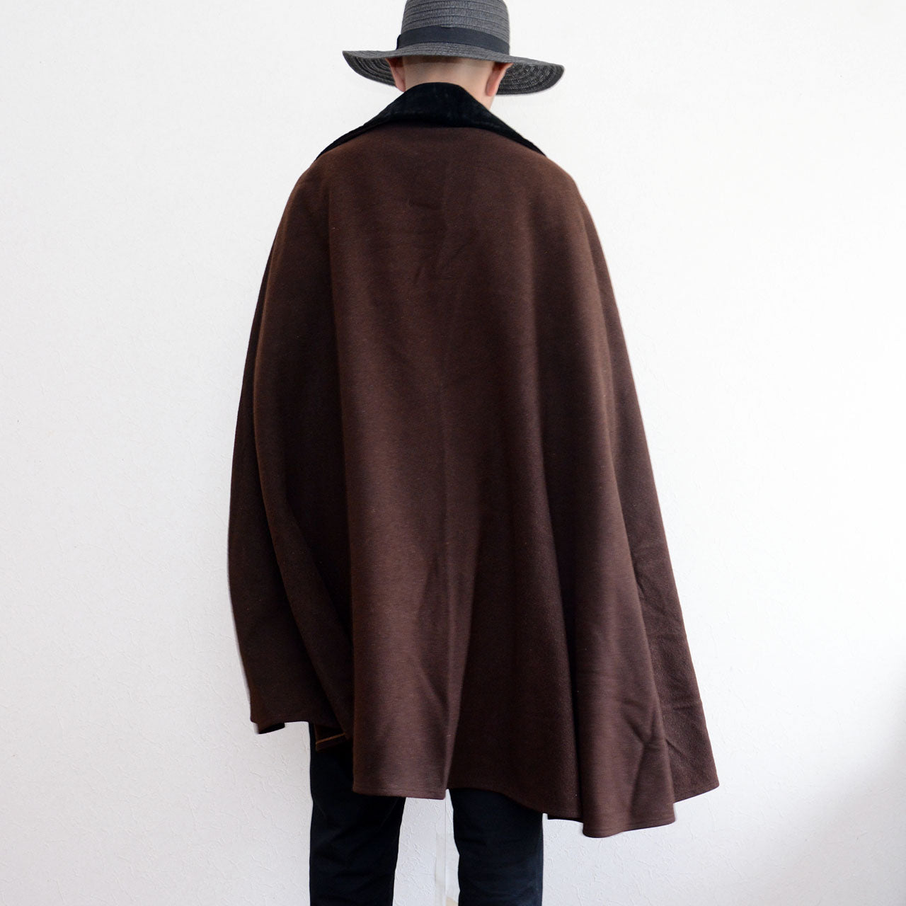 Back view of Japanese vintage brown wool mantle worn