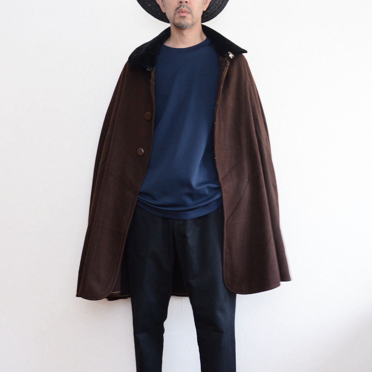 Japanese vintage brown wool mantle worn with front buttons