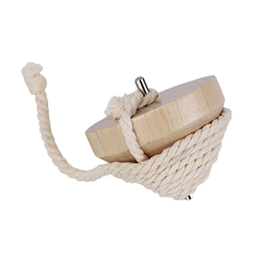 Wooden spinning top toy with attached cotton string, classic handheld game