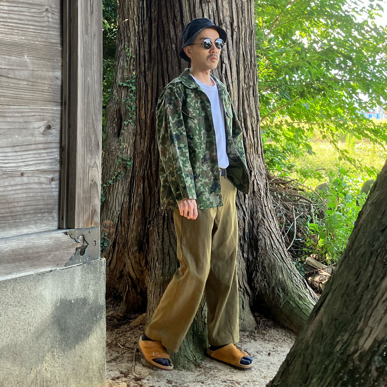 Vintage Japanese camo jacket styled for casual wear