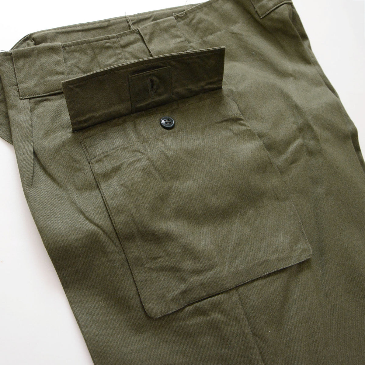 JGSDF Type 65 work trousers in olive drab with cargo pocket flap and button closure