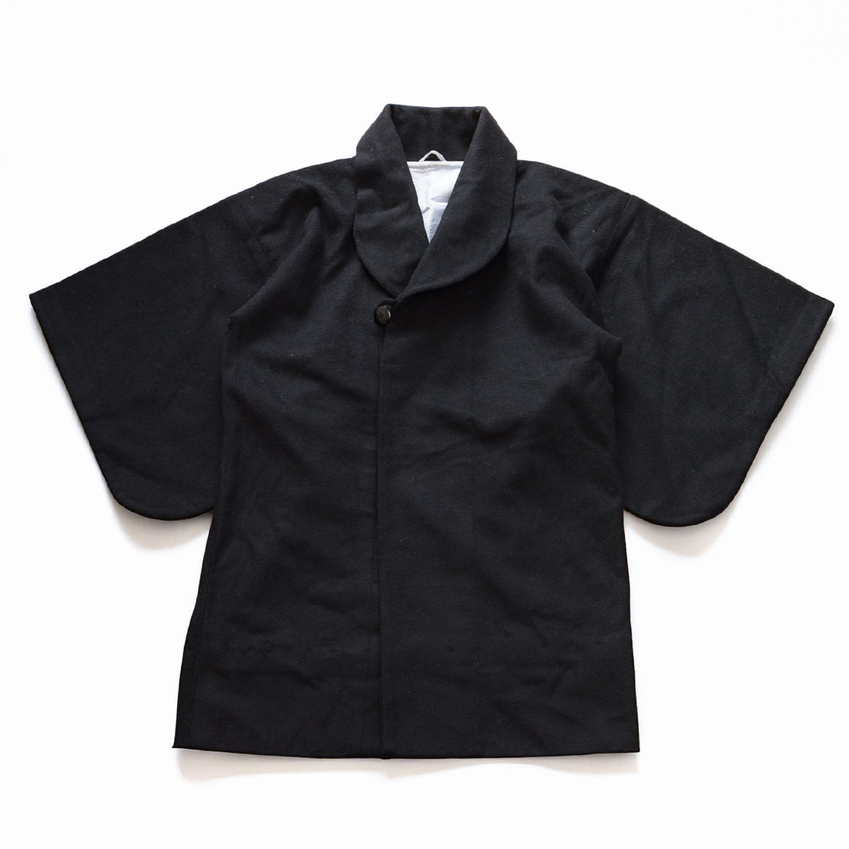 Black wool Japanese vintage kimono coat with a shawl collar and button fastening