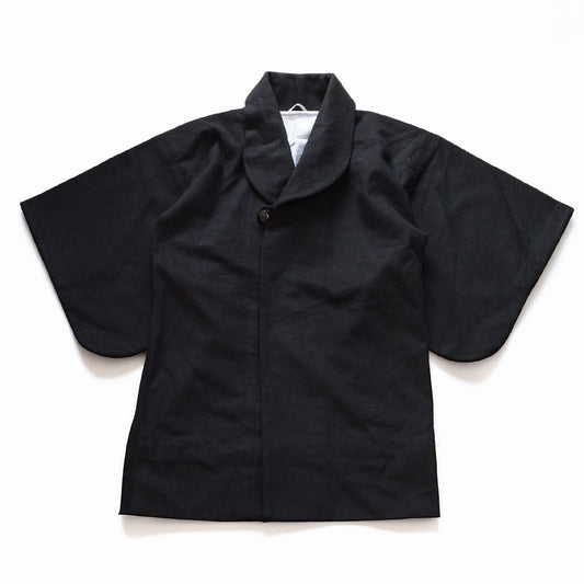 Black wool Japanese vintage kimono coat with a shawl collar and button fastening