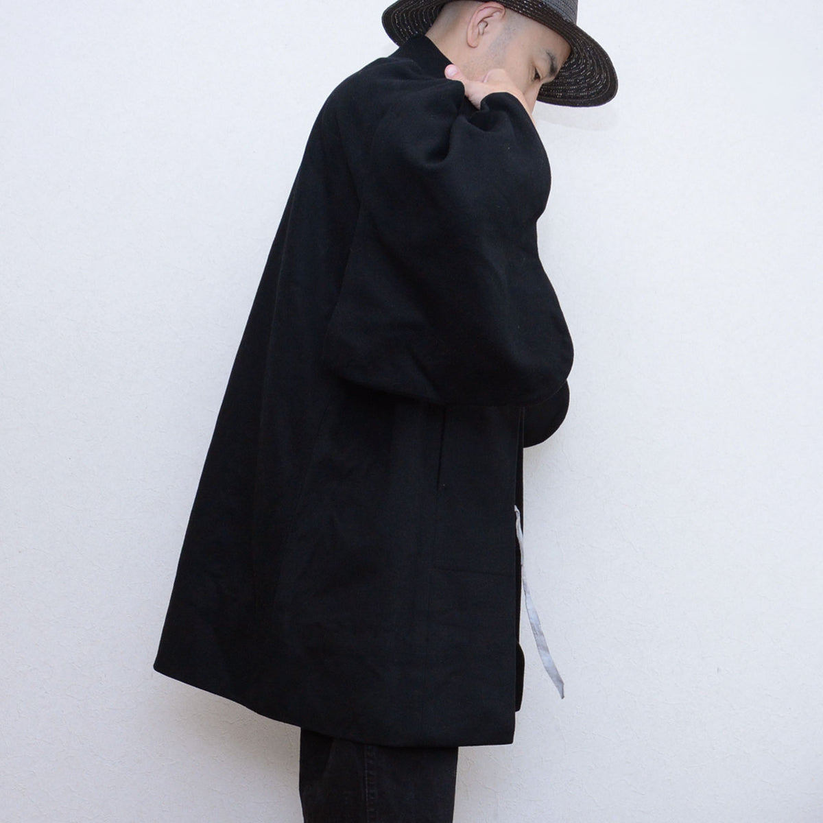 Black wool Japanese vintage kimono coat with voluminous sleeves