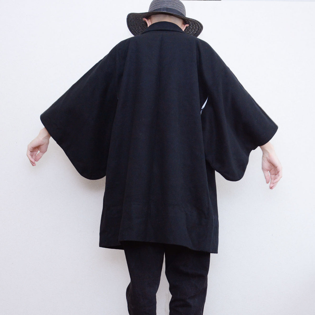 Black wool Japanese vintage kimono coat with wide rounded sleeves and a center back seam
