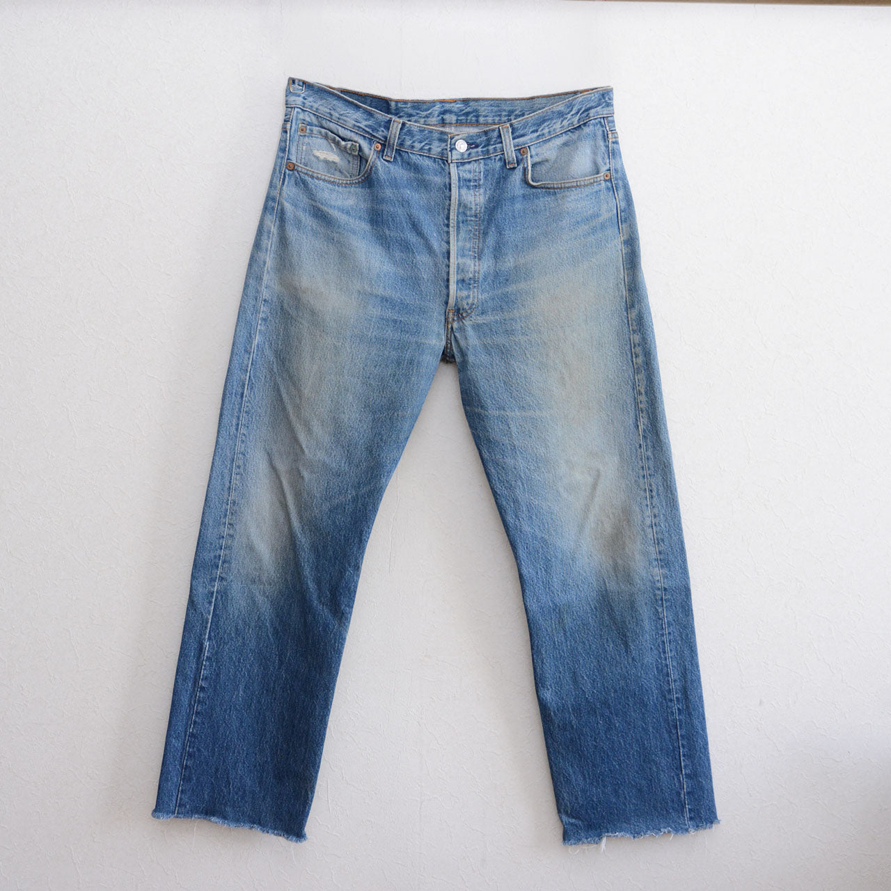 Levi's 501 straight leg jeans, heavy cotton twill, faded indigo wash