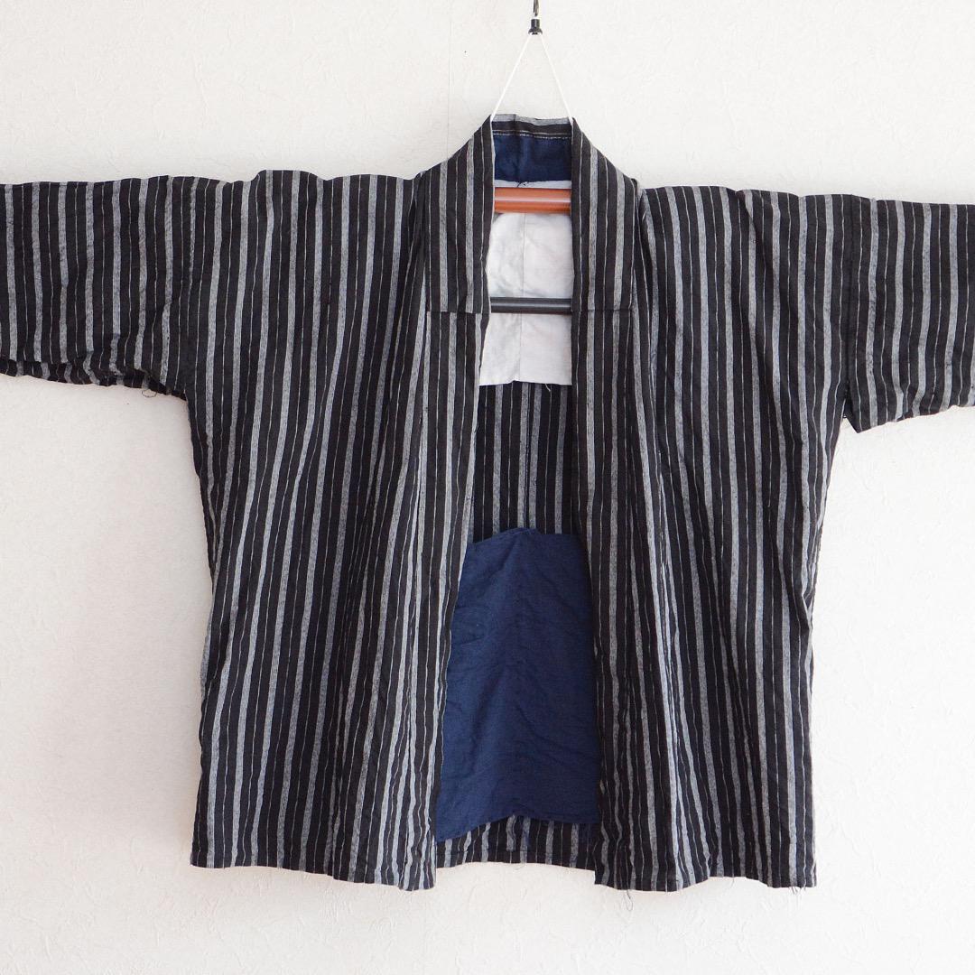 Noragi Jacket Kimono Japanese Fabric Cotton Vintage Black Stripe Pattern