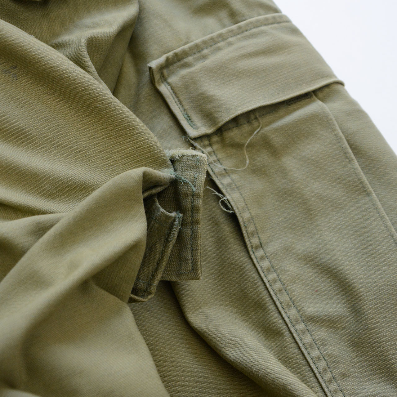 M-65 field pants, olive drab, vintage military surplus, 50% nylon 50% cotton, side adjusters present