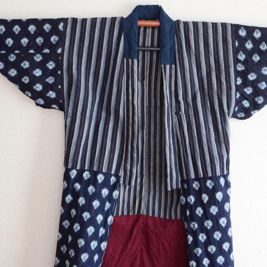 Kimono Robe Long Crazy Pattern Japanese Fabric Cotton Vintage Stripe Pattern Indigo Kasuri etc