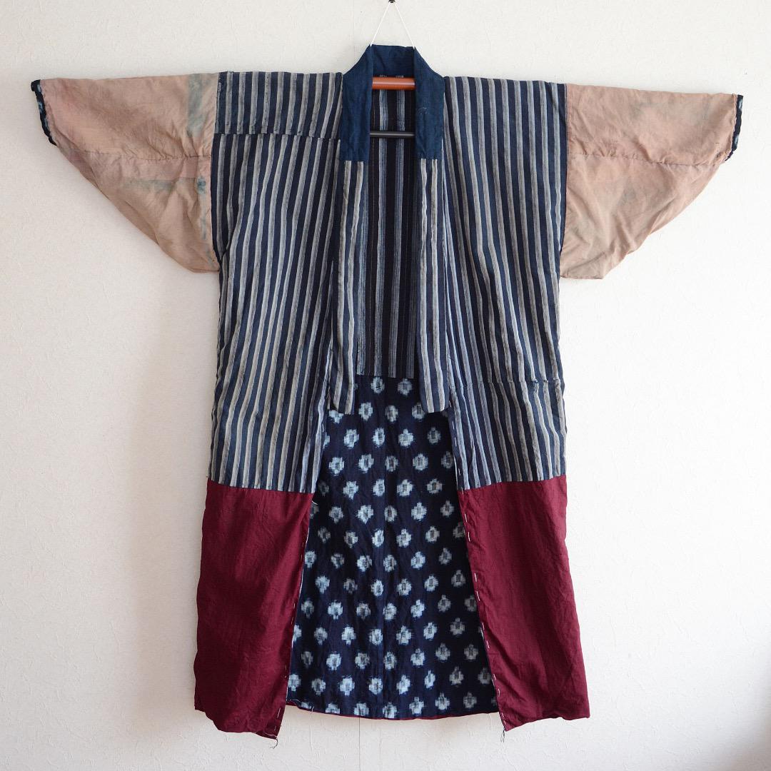 Kimono Robe Long Crazy Pattern Japanese Fabric Cotton Vintage Stripe Pattern Indigo Kasuri etc
