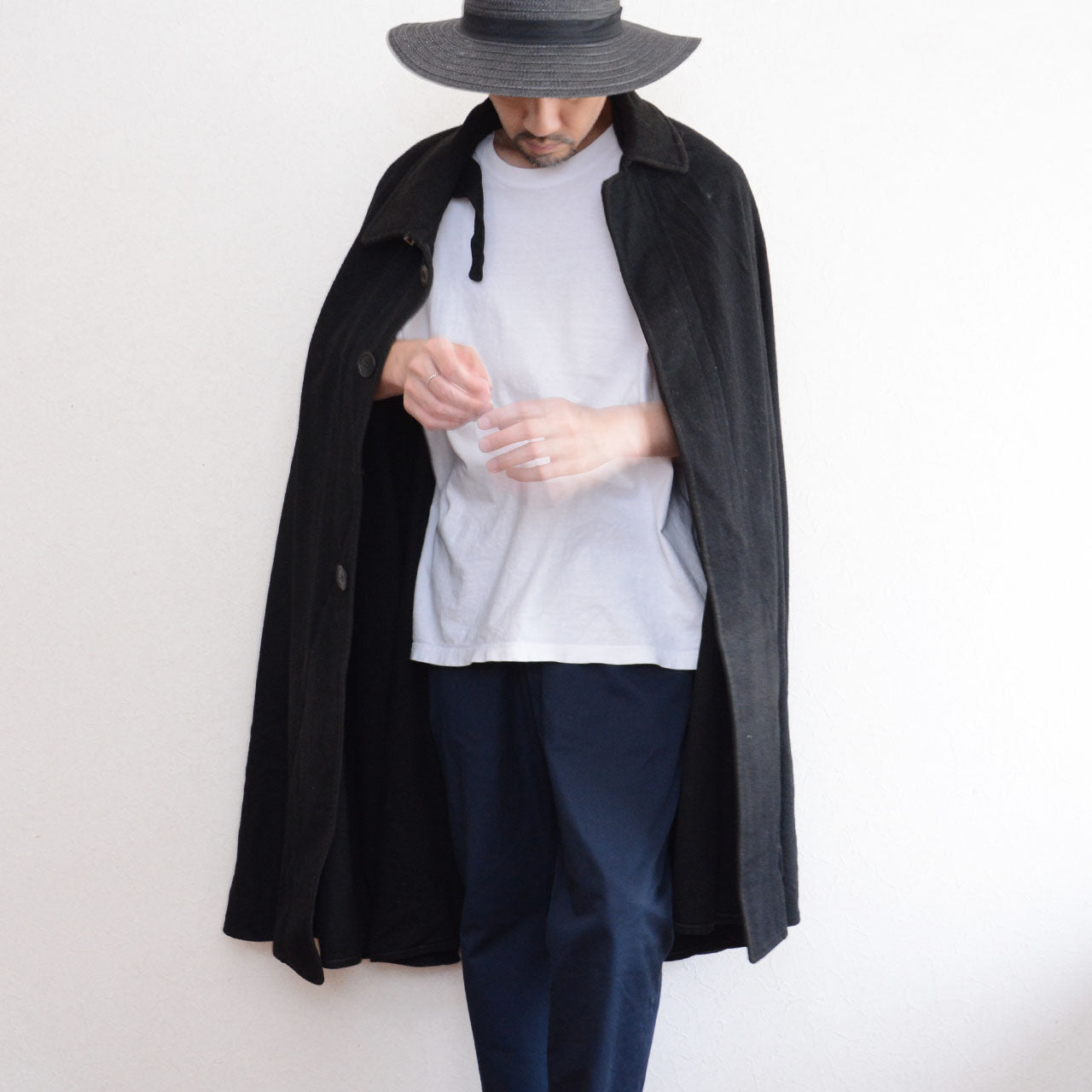 Taisho era black wool men’s mantle with sculptural drape