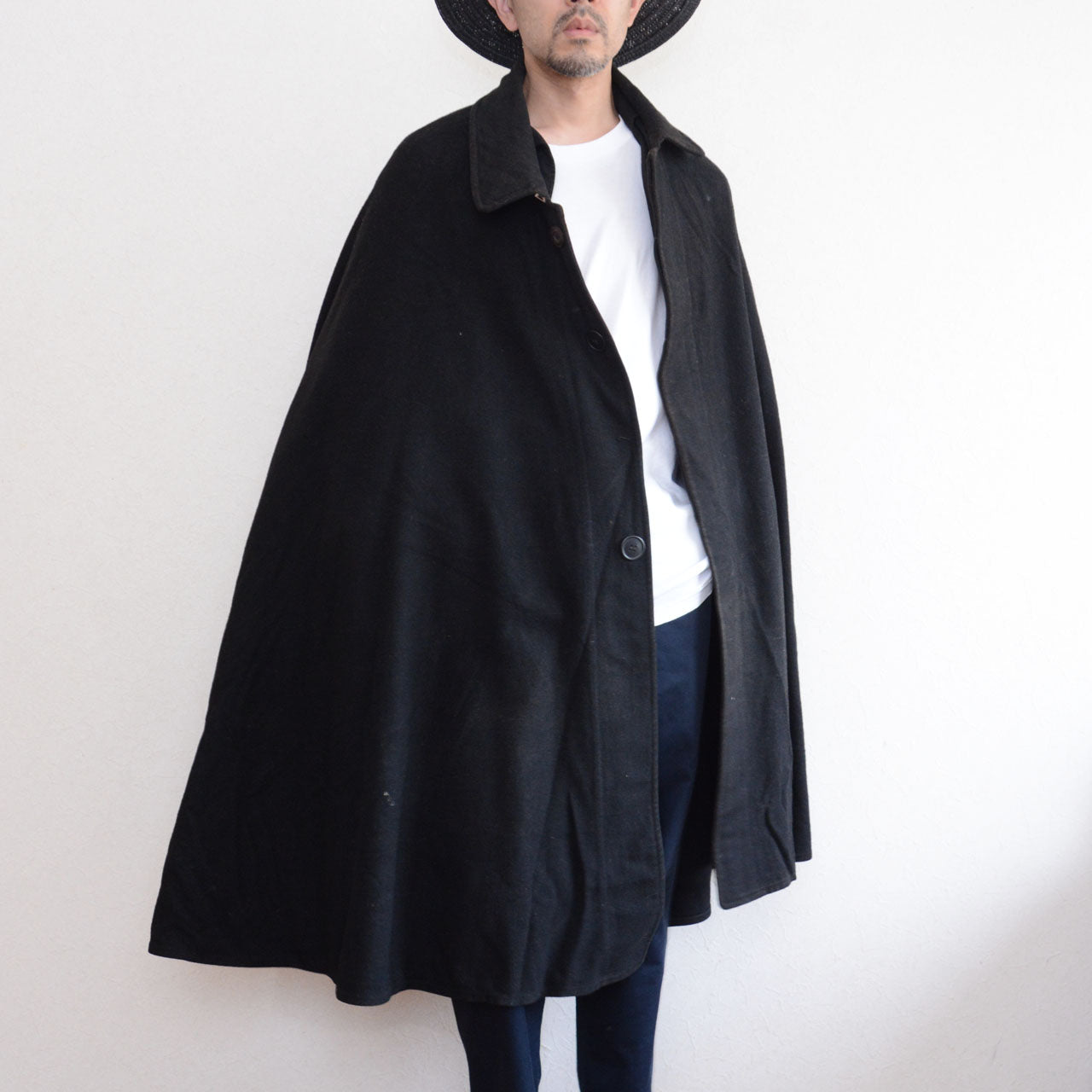 Prewar Japanese black wool mantle worn with contemporary clothing