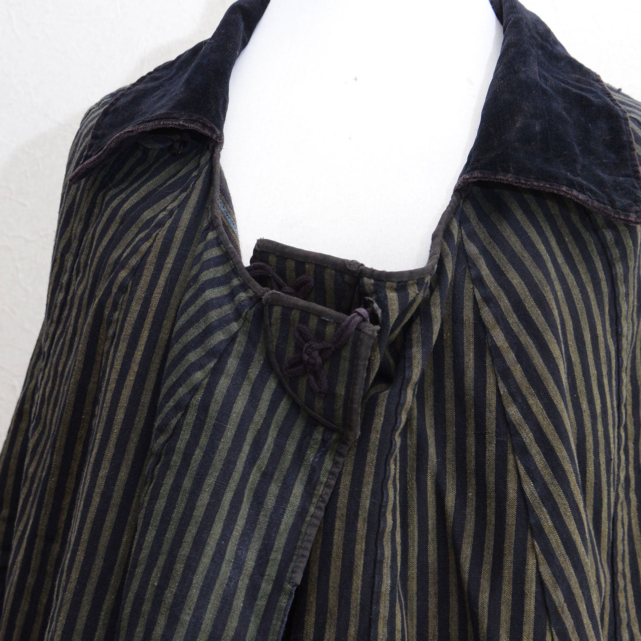 Cord tie closure, antique Japanese dochu-kappa, striped cotton