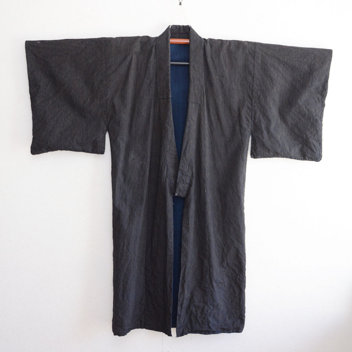 Men's indigo striped cotton kimono robe with solid indigo lining