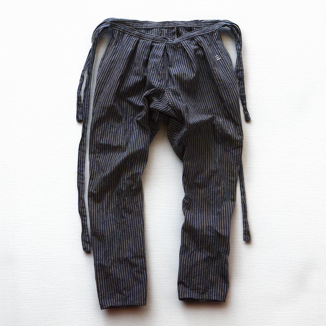 Navy stripe cotton mompe pants, Showa era Japanese vintage workwear from Tohoku, hand-sewn construction