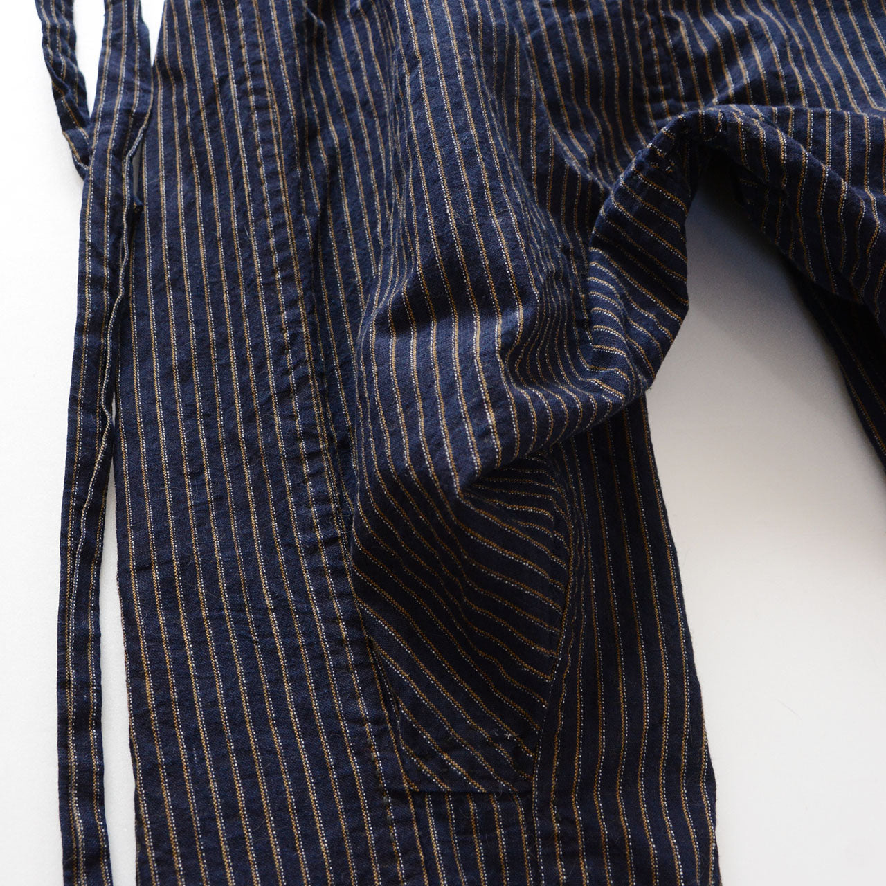 Gusset detail at crotch and leg of vintage Japanese mompe pants, navy stripe cotton, Showa era hand-sewn construction