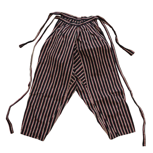 Mid-Showa Japanese vintage black cotton monpe pants with red and cream stripes and waist ties