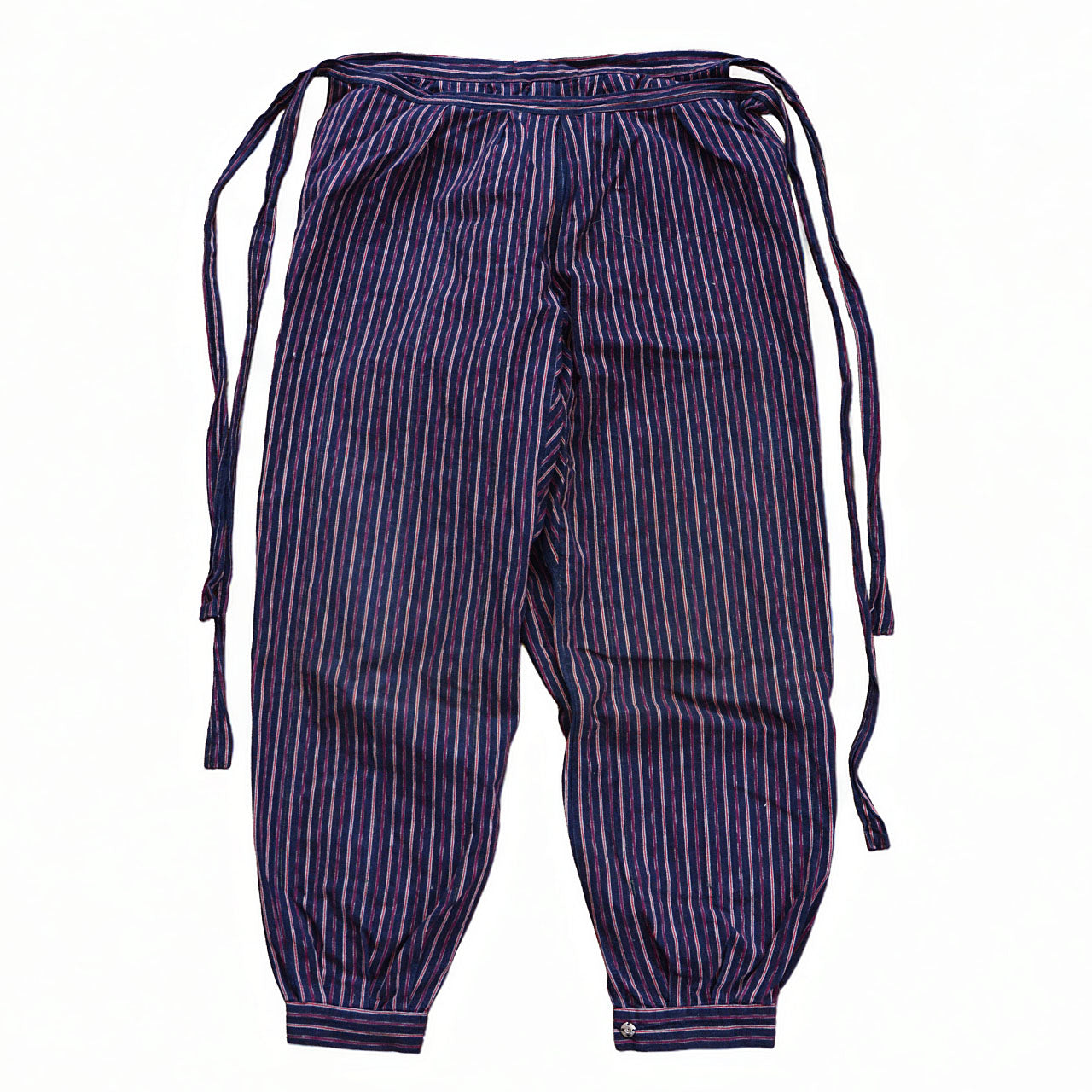 Vintage Japanese monpe pants, front view, cotton multi-color stripe in navy, burgundy, red and white, drawstring waist ties, mid-Showa era