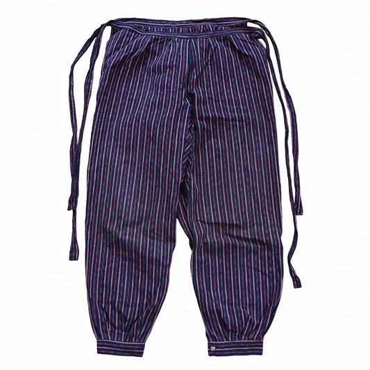 Vintage Japanese monpe pants, front view, cotton multi-color stripe in navy, burgundy, red and white, drawstring waist ties, mid-Showa era