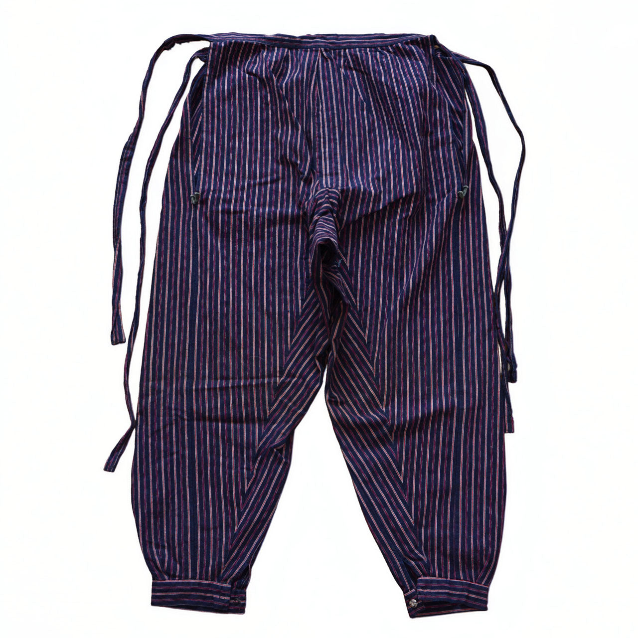 Vintage Japanese monpe pants, back view, cotton multi-color stripe in navy, burgundy, red and white, drawstring waist ties, mid-Showa era