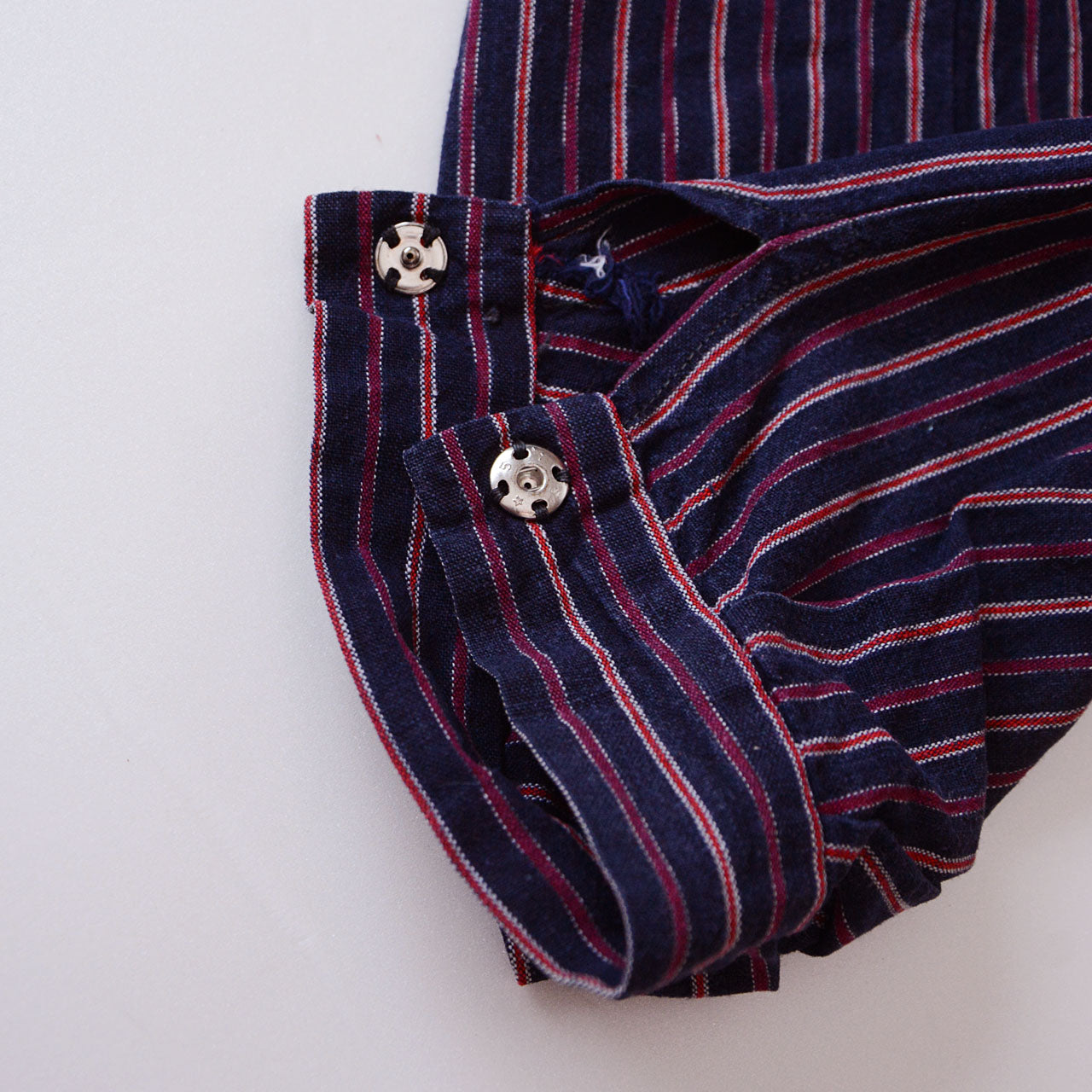 Hem cuff with two metal snap buttons, cotton stripe navy and burgundy, vintage Japanese monpe pants
