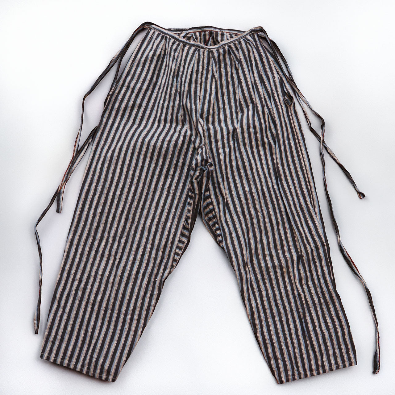 Monpe pants in striped cotton, front view, mid-Showa era Japan vintage