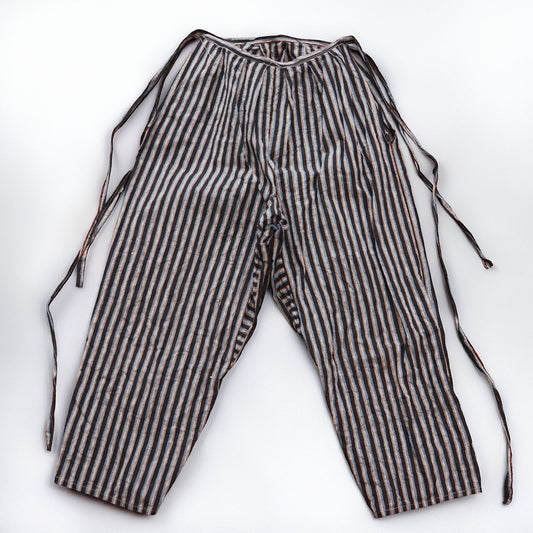 Monpe pants in striped cotton, front view, mid-Showa era Japan vintage