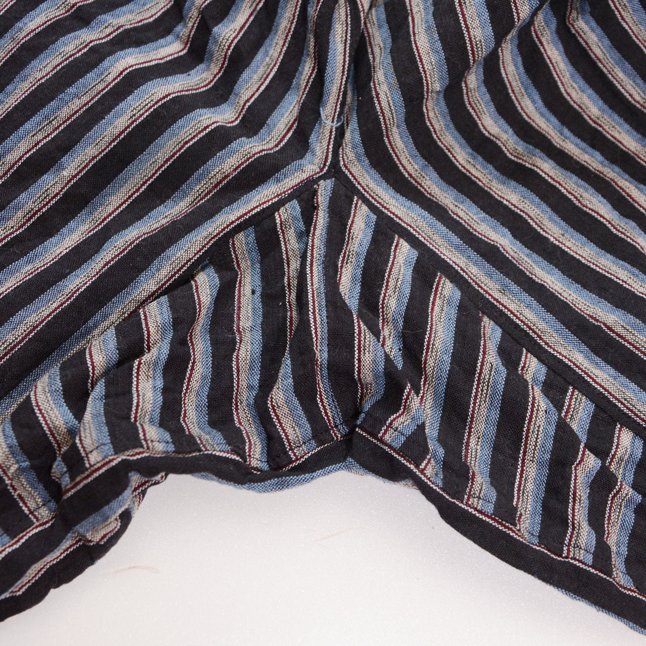 Gusset detail at the crotch of vintage Japanese monpe pants, cotton construction