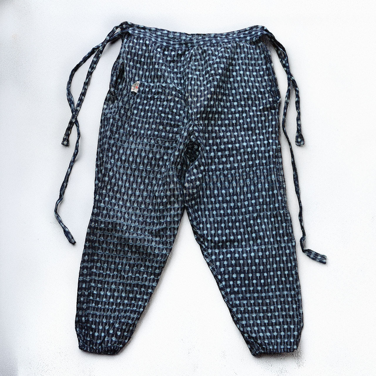 Indigo Bingo kasuri monpe pants, front view, tie waist, Showa-era Japan vintage workwear by YAMAKI