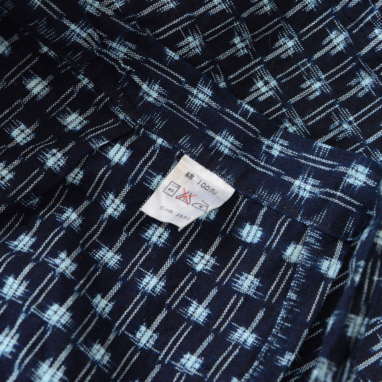 Care label on vintage monpe pants reading 100% cotton, C-HR 3690, Showa Japan