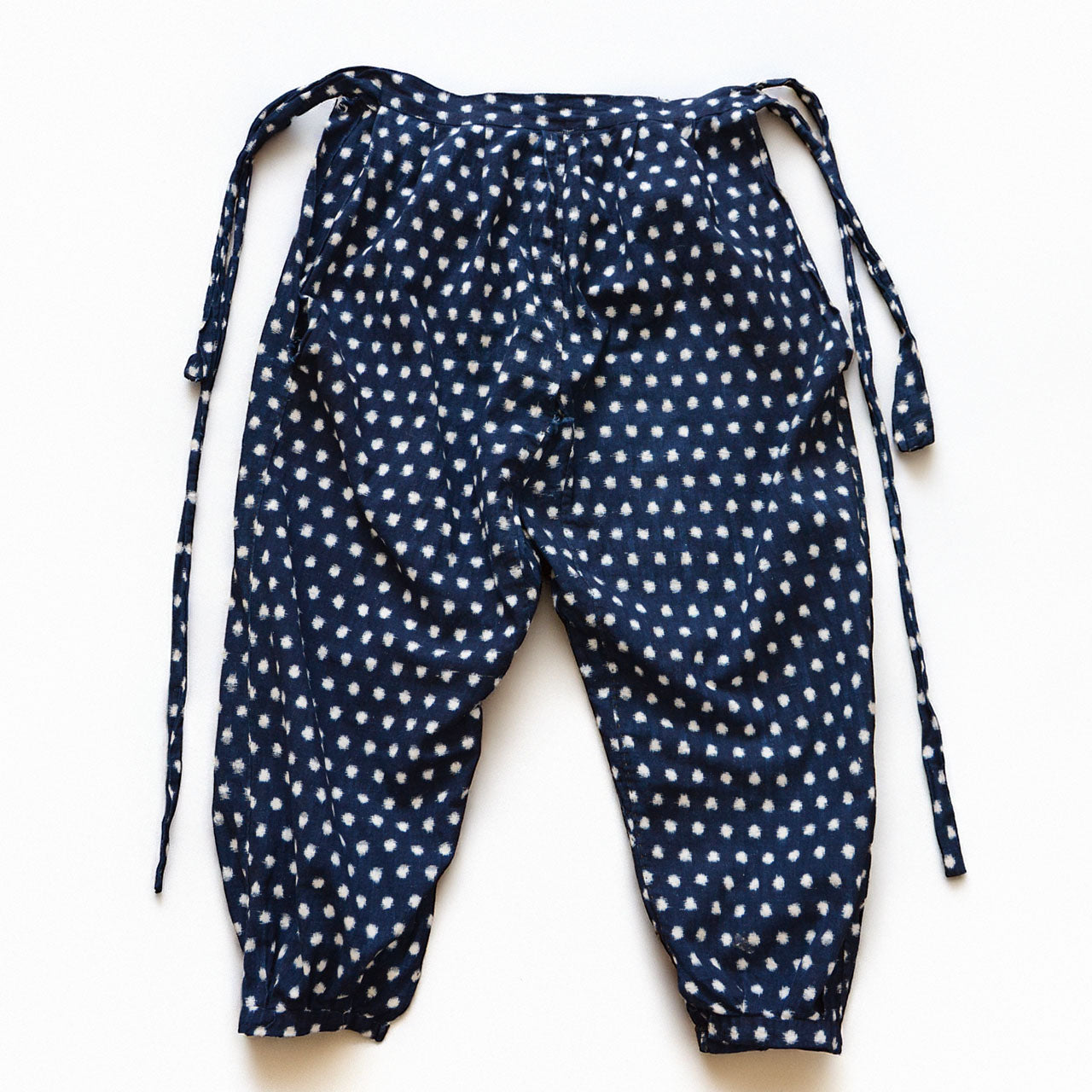 Indigo-dyed cotton monpe pants, front, snow pattern (Yukinko) kasuri, early Showa era Japan vintage