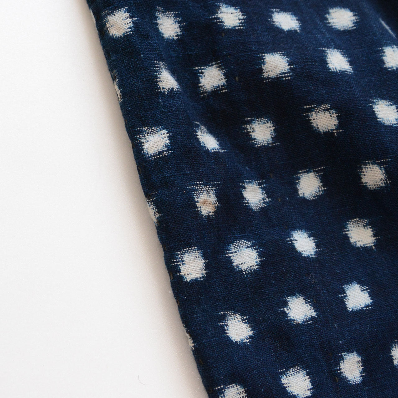 Staining on indigo snow pattern (Yukinko) kasuri cotton monpe fabric, early Showa era Japan vintage