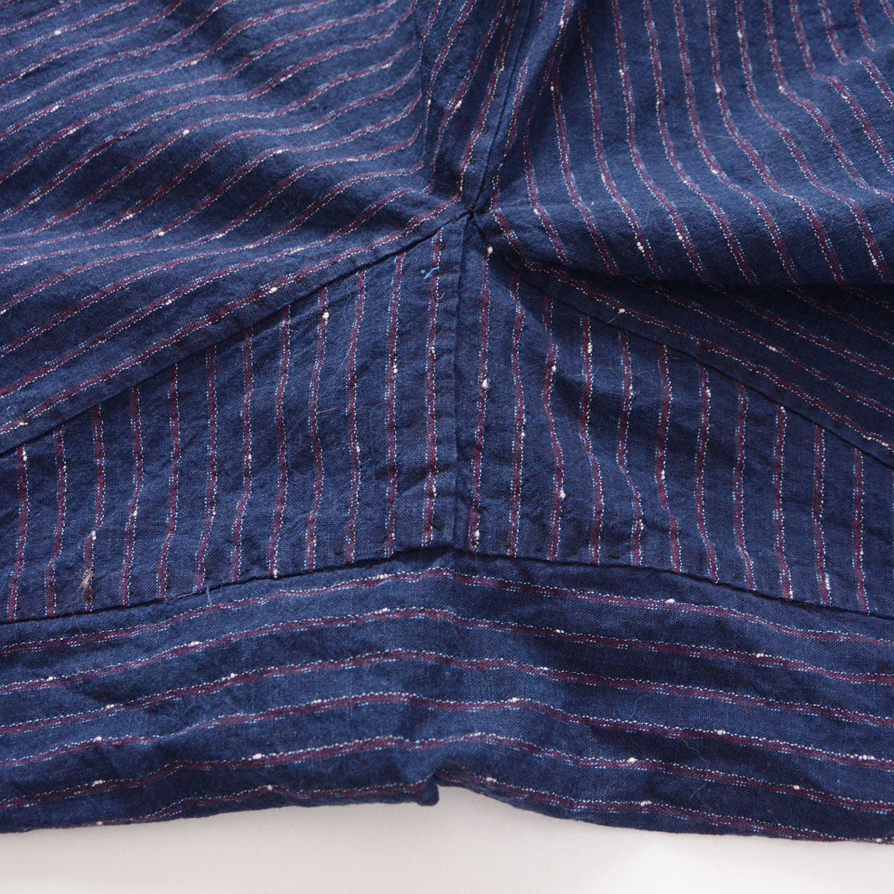 Crotch gusset detail, indigo stripe cotton monpe pants, Japanese vintage 1930s–1950s, NAMBA SHOUTEN