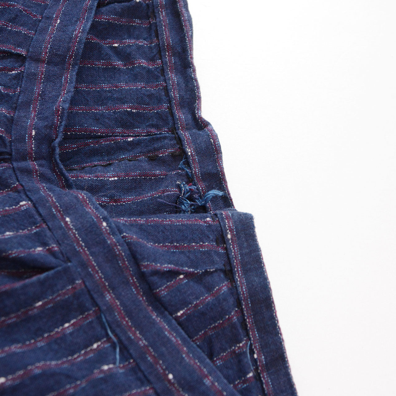 Interior waistband with thread fraying and indigo dye visible, vintage cotton monpe, Japan 1930s–1950s, NAMBA SHOUTEN