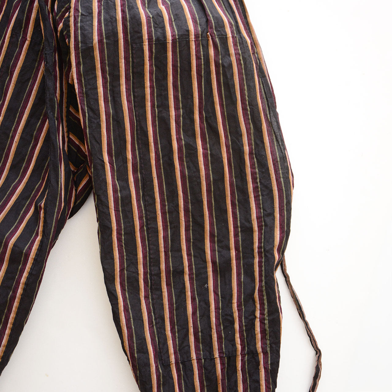 Old Japanese workwear pants, striped monpe with waist string closure